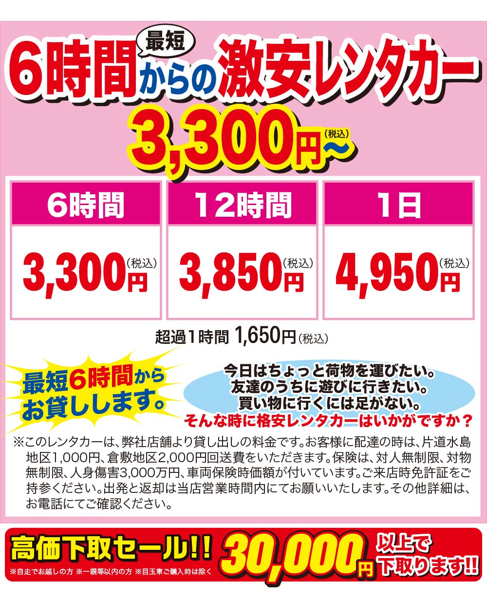 カーパーク水島の特選中古車 全部コミコミ 乗り出し価格とは？ 「結局いくら払うの？」という不安はいりません！ 支払総額表示となります！ 車両本体価格＋諸費用＋税金 すべて含まれております！